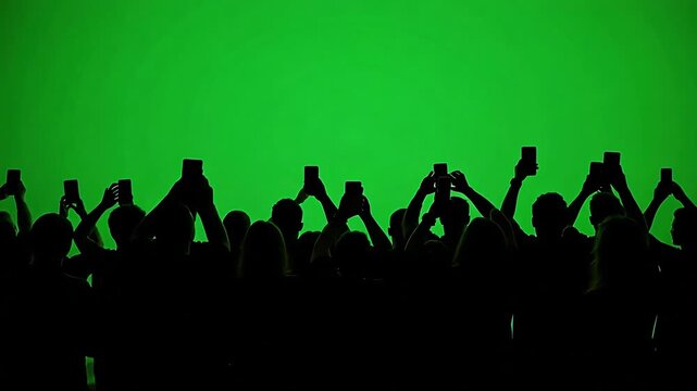 Audience captures event on phones against vibrant green screen backdrop, a moment of shared digital experience and anticipation for what's next.