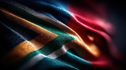 South African flag waving in the wind, showcasing its vibrant colors and unique pattern during a sunny day