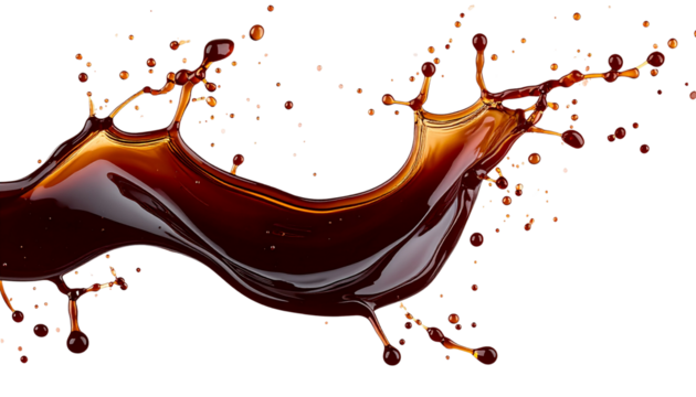 Splash of dark soy sauce isolated on black background with fluid motion