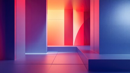 Fototapeta premium Modular 3D abstract geometric stage with gradient lighting and smart grid zone, for digital advertising, e-commerce hero images, and brand visual systems, pure background with copy space