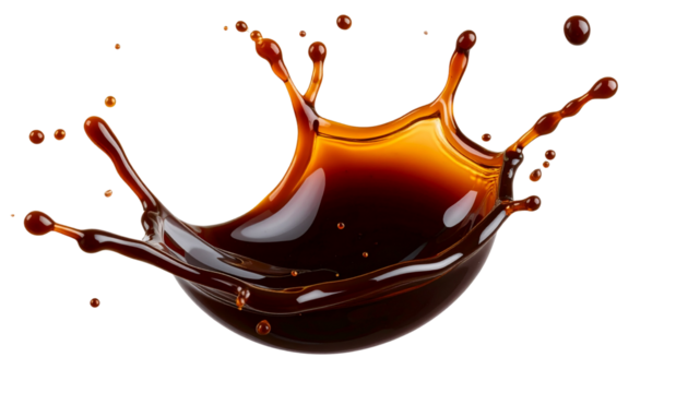 Splash of dark soy sauce isolated on black background with fluid motion