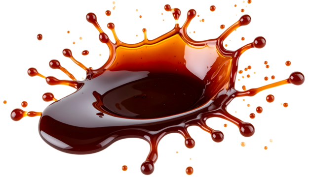 Splash of dark soy sauce isolated on black background with fluid motion