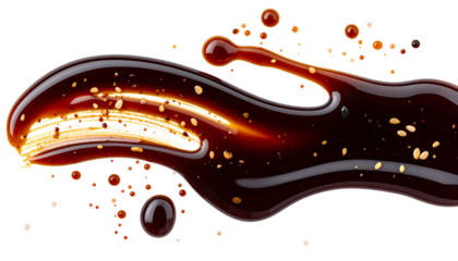 Splash of dark soy sauce isolated on black background with fluid motion