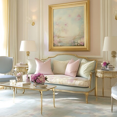 Luxurious living space with soft palette and decor high resolution picture