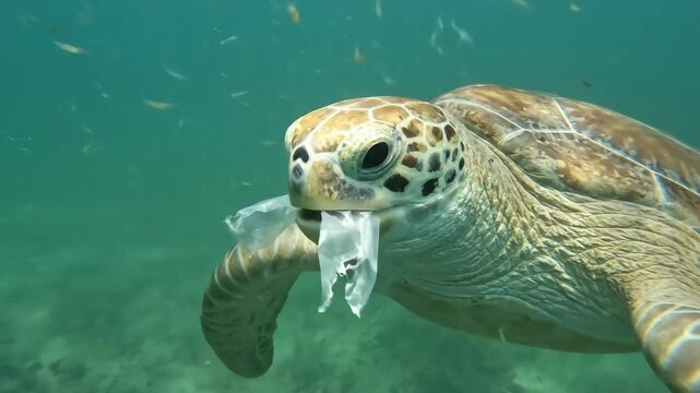 Sea turtle ingests plastic trash under the sea, Ocean pollution: a sea turtle trying to eat a plastic bag in the ocean