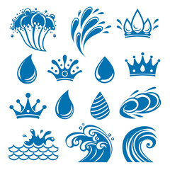 Blue water splashes and crowns wave droplet