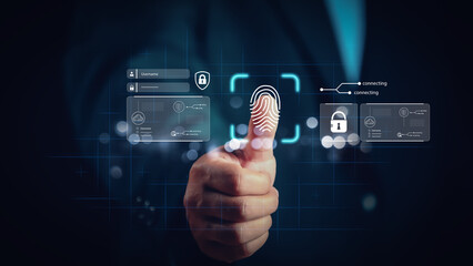 Businessman scanning fingerprint with digital interface, representing cybersecurity, biometric authentication, identity verification, data protection, privacy, and secure digital access.