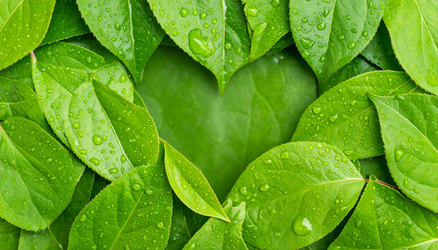 Lush green leaves with sparkling water droplets arranged in a heart shape, symbolizing a concept of love for nature and environmental conservation.