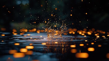 A water droplet splash, illuminated by warm lights