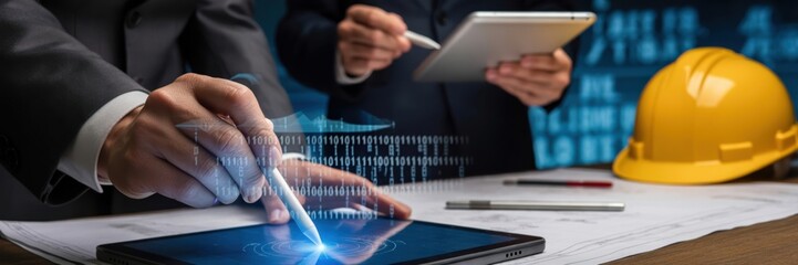 Architects using digital blueprints, professionals use tablets with overlaid data and blueprints, illustrating the integration of modern technology, design, and project management in construction.
