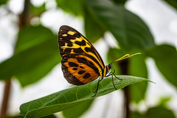 Close-up of a Tiger Longwing butterfly (Heliconius hecale) resting on a green leaf, showing vivid orange, black and yellow wing patterns in a tropical environment.

