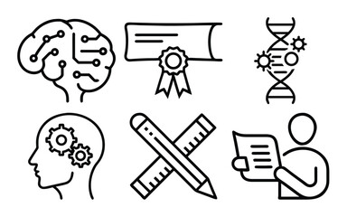A set of six hand-drawn icons illustrating concepts like artificial intelligence, education, genetics, and learning.