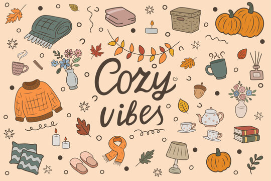 Bright vector doodle image with handwritten lettering Cozy vibes surrounded by autumn elements. Perfect for seasonal projects, cards and decor. Warm color palette, cute details and decorative elements