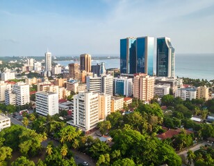 Fototapeta premium Cityscape with modern skyscrapers and lush greenery, overlooking coastal waters