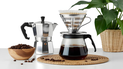 Experience rich, freshly brewed coffee with this elegant pour-over set and Moka pot setup.