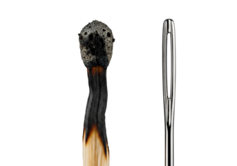 An ultra-detailed studio macro shot of a charred wooden matchstick and a gleaming steel sewing needle on a solid transparent background, concept of decay and perfection