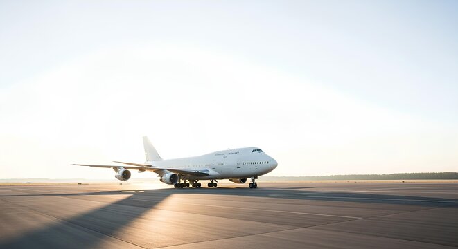 A large white passenger airplane sits on the tarmac under bright sunlight, casting long shadows on the runway.