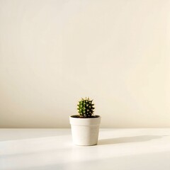 Small cactus in white pot on minimalist background