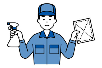 スプレー洗剤と雑巾を持つ清掃業者の男性