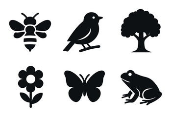 Silhouette icons of nature: bee, bird, tree, flower, butterfly, frog