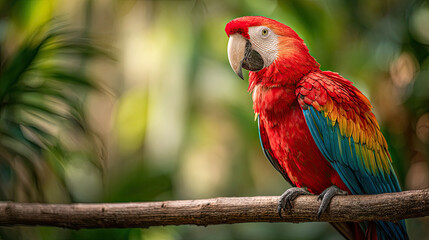 Obraz premium Scarlet Macaw Perched on Branch in Tropical Costa Rica Jungle with Colorful Feathers and Natural Sunlight