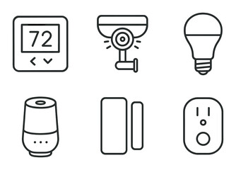 Smart home technology icons featuring thermostat, security camera, light bulb, speaker, sensor, plug