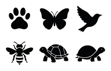 Silhouette icons of animal paws, butterfly, bird, bee, and turtles