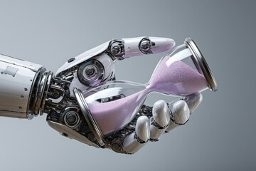 Android white metal robot hand holding a sand clock with pastel purple sand in its fingers on a metal grey background. Concept of AI artificial intelligence technology and business. 