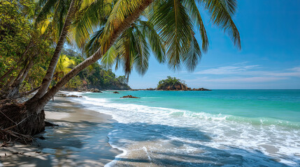 Relaxing Costa Rica Beach Scene with Golden Sand, Turquoise Water, and Swaying Palm Trees