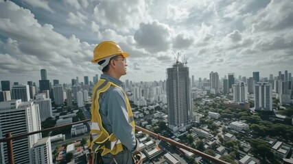 Aerial cinematic drone orbit construction contractor in safety vest hard hat, standing scaffolding urban skyline, skyscrapers towering, clouds fast in time lapse, 4K wide angle epic perspective - Powered by Adobe