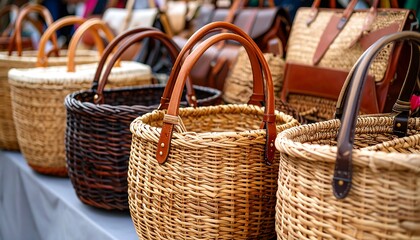 Handcrafted wicker baskets displayed at vibrant artisan market showcase