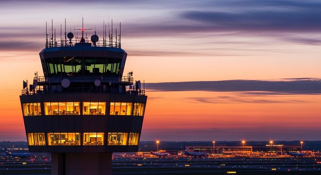 An airport control tower stands illuminated at dusk, with a vibrant orange and purple sky and distant airport lights in the background.