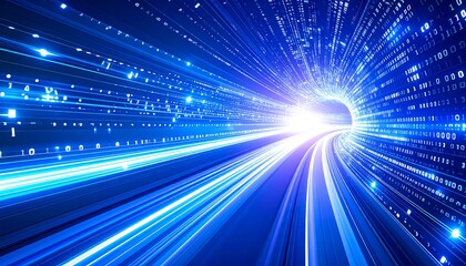 Futuristic data stream tunnel with binary code, abstract technology concept