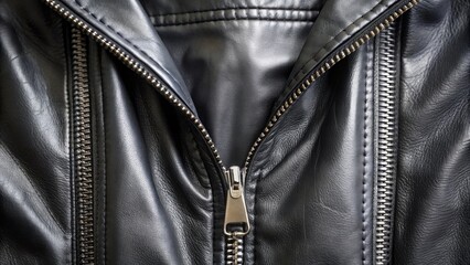 Close-up view of a black leather jacket's zipper detail, showcasing the texture and stitching of the garment