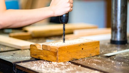 Person drilling wood in workshop