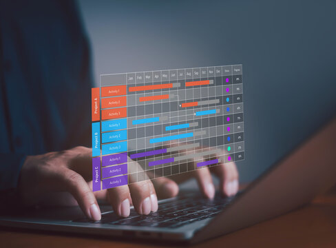 Project management concept with Gantt chart timeline overlay on hands typing laptop, showing tasks, schedules, and progress tracking for business planning and productivity optimization.