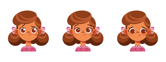 Illustrations set of Cartoon little Girl Facial Expressions, retro hairstyle, perfect for educational materials, emotion charts, childrens book, parenting blogs, apps, and creative design projects