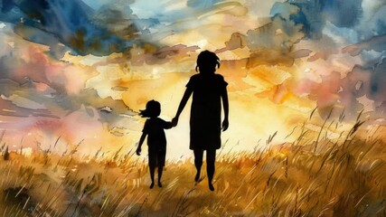 A father-son duo strolling through a lush green field, enjoying quality time together