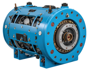 Industrial blue tidal energy generator with cylindrical shape, metallic components, and high precision engineering, designed for marine power applications and renewable energy production