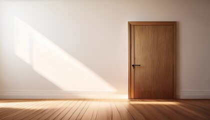Fototapeta premium wooden door ajar in a modern empty room with soft lighting and clean interior architecture concept on a light background wall and wood floor