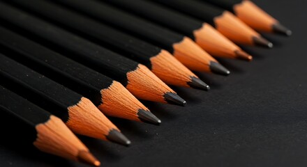 Sharpened black pencils lined up in a row with orange tips