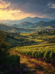 Naklejka premium breathtaking views of the beautiful evening landscapes of the tuscany region vineyards and rolling hills