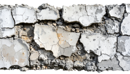 A close-up view of cracked concrete showcasing intricate textures and fissures. The uneven surface highlights the aging and wear of the material.