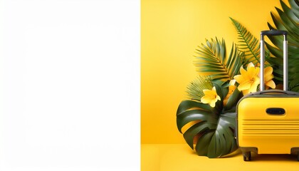 bright yellow suitcase with travel accessories surrounded by tropical leaves and flowers on vibrant yellow background