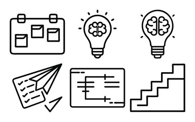 A collection of simple line art icons representing business concepts like planning, ideas, and growth.