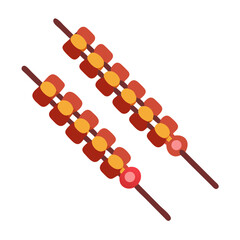 Two skewers with alternating red square and orange circle pieces, food illustration