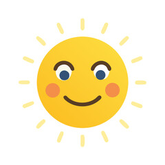 Cute smiling sun with orange cheeks and light yellow rays shining brightly