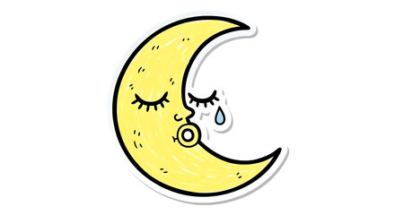 Illustration of a cartoon crescent moon character with a tear, conveying emotions and whimsy on a transparent background