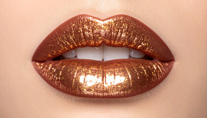 Bronze glossy lips with golden glitter. Makeup and beauty concept.