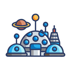 Futuristic space colony with unique dome structures and flying saucer design